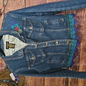 ☆OKD UPCYCLED "BABY PHAT" BLUE DENIM JACKET with FLORAL EMBROIDERY! MEDIUM
